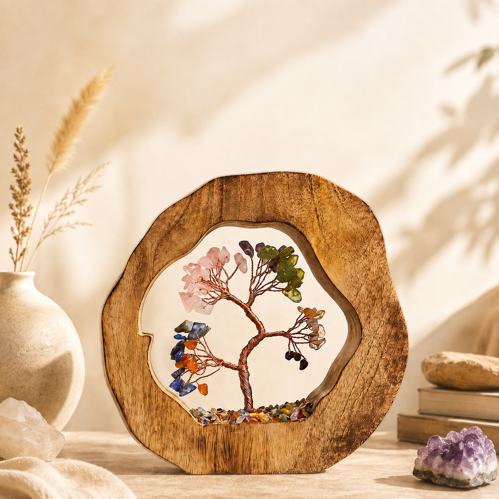 Round Wood Seven Chakra Crystal Tree
