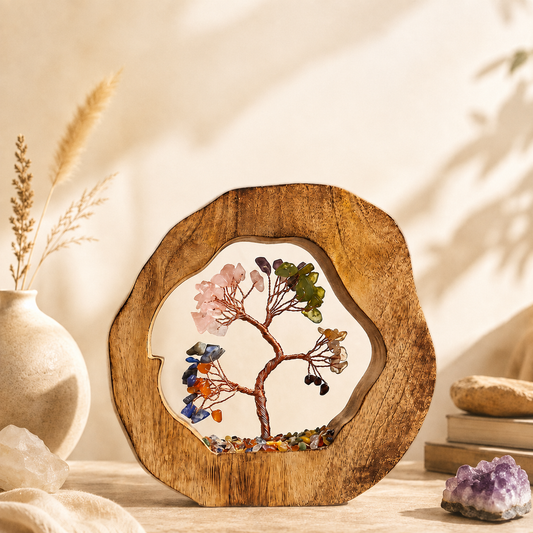 Round Wood Seven Chakra Crystal Tree