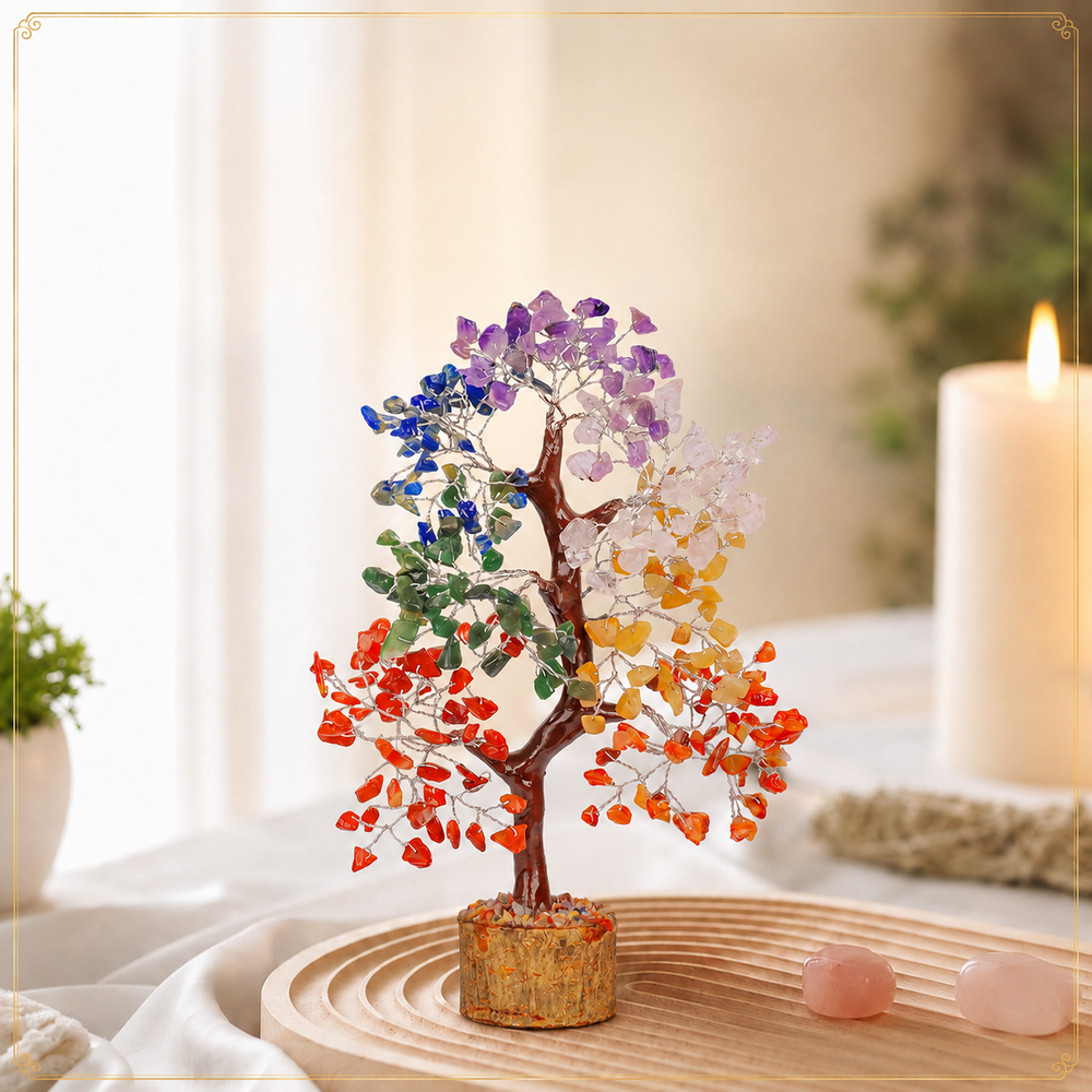 Seven Chakra Crystal Wooden Tree With Silver Wire