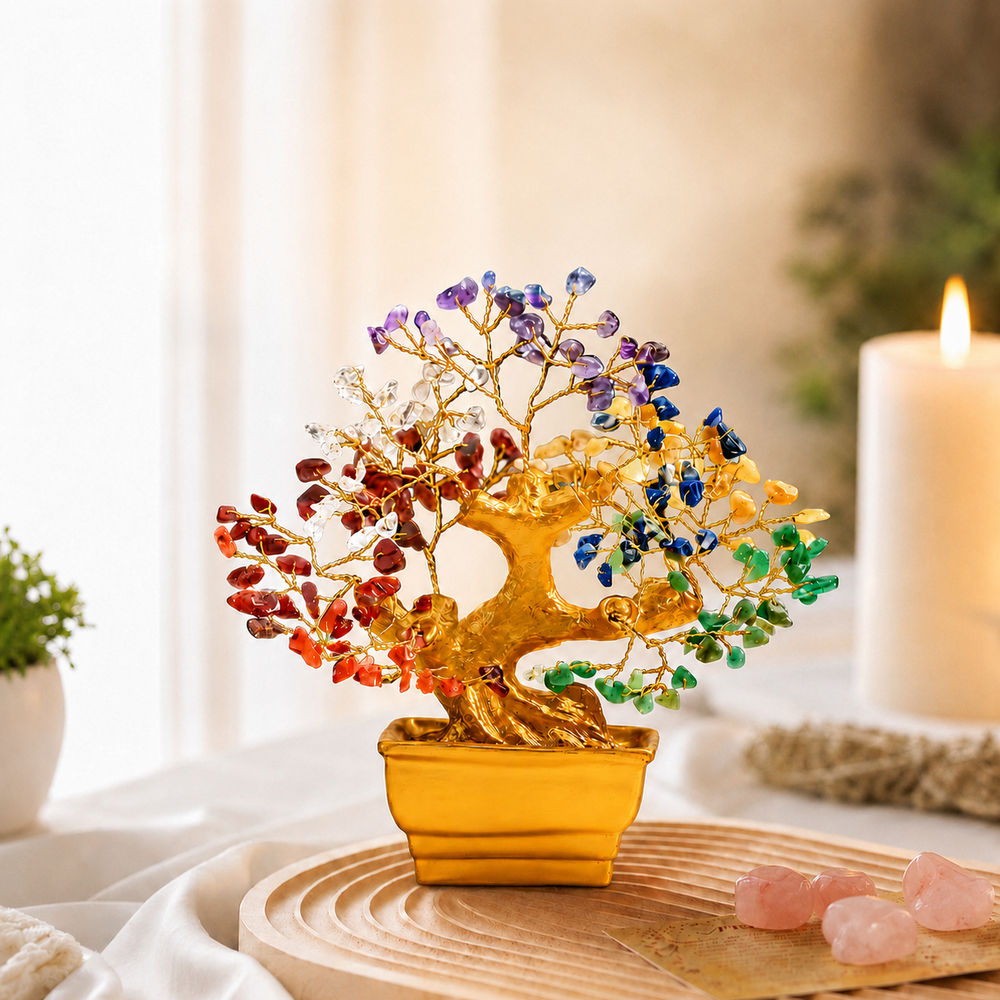 Bonzai Seven Chakra Crystal Tree With Natural Stones & Golden Wire