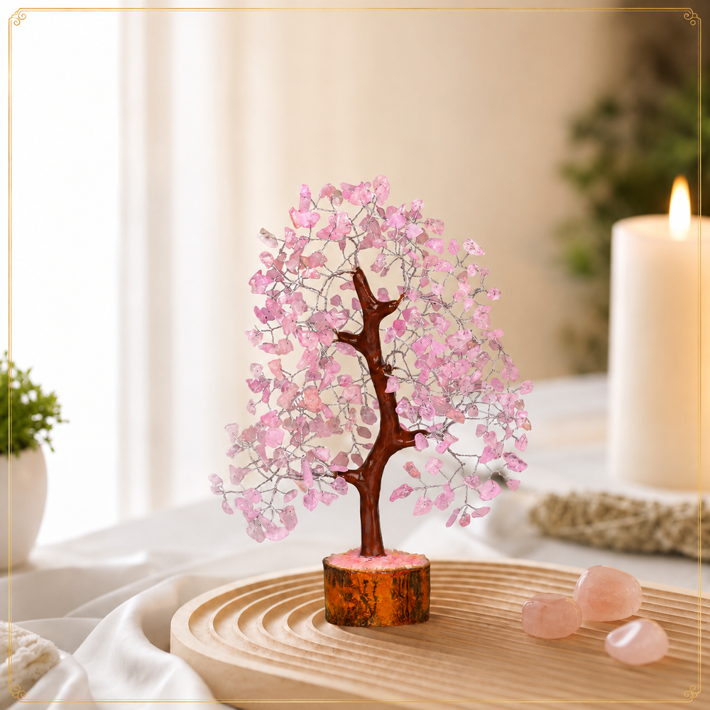 Buy Rose Quartz Crystal Wooden Tree With Silver Wire