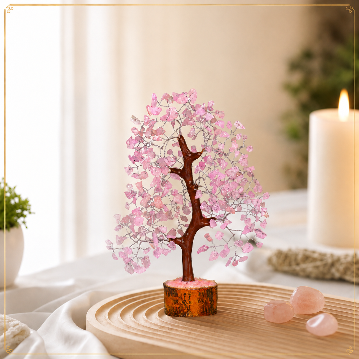 Buy Rose Quartz Crystal Wooden Tree With Silver Wire