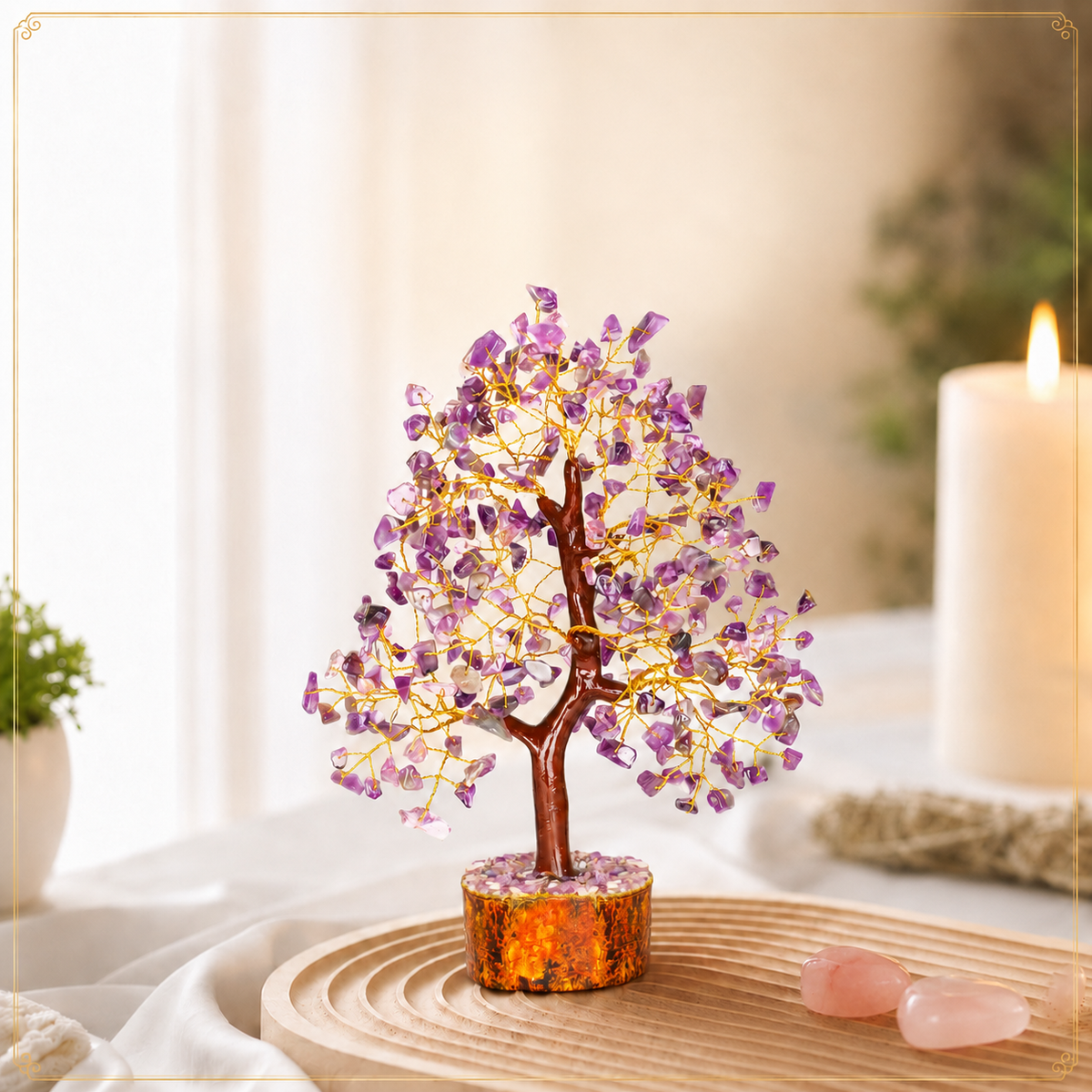 Amethyst Crystal Wooden Tree With Golden Wire