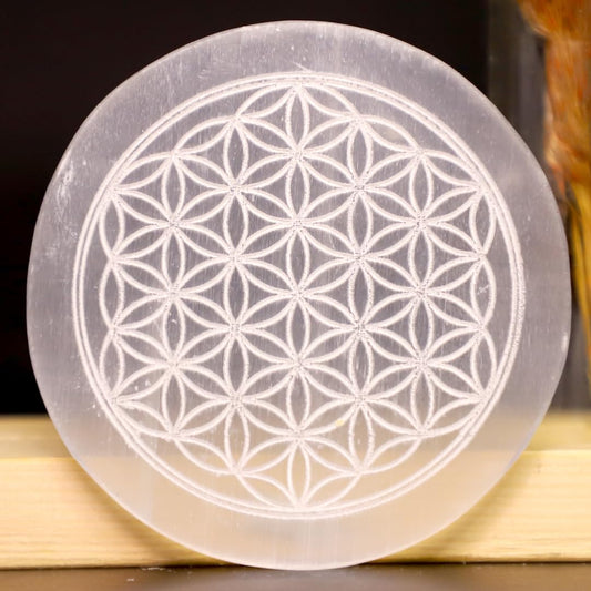 Selenite Plate With Flower of Life Symbol, Crystal Charging Plate, Yoga and Meditation