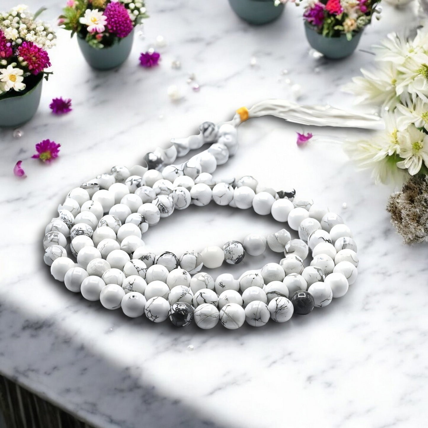 Howlite Gemstone 108 Bead Japa Mala Necklace for meditation and prayer