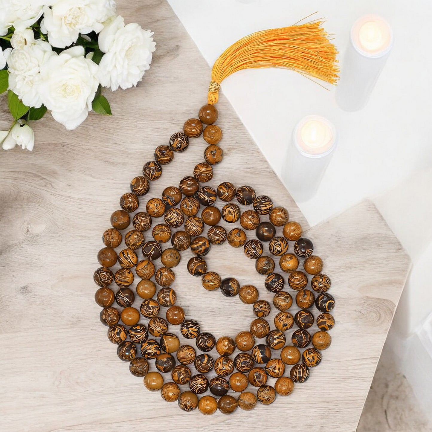 Natural Mariyam Jasper Gemstone 108 Bead Japa Mala Necklace