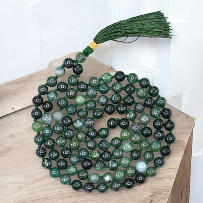 Natural Moss Agate Gemstone 108 Bead Japa Mala Necklace