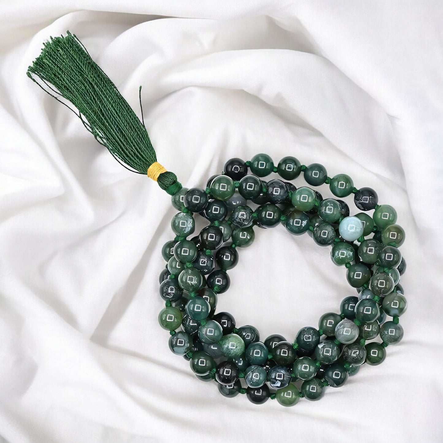 Natural Moss Agate Gemstone 108 Bead Japa Mala Necklace