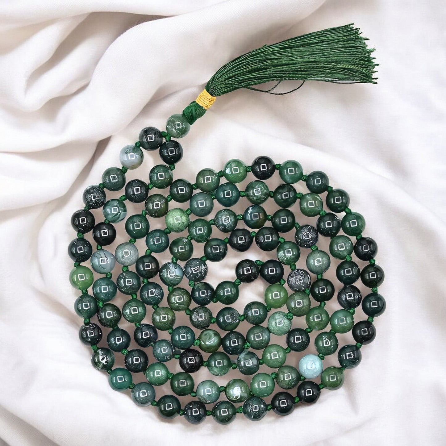 Natural Moss Agate Gemstone 108 Bead Japa Mala Necklace