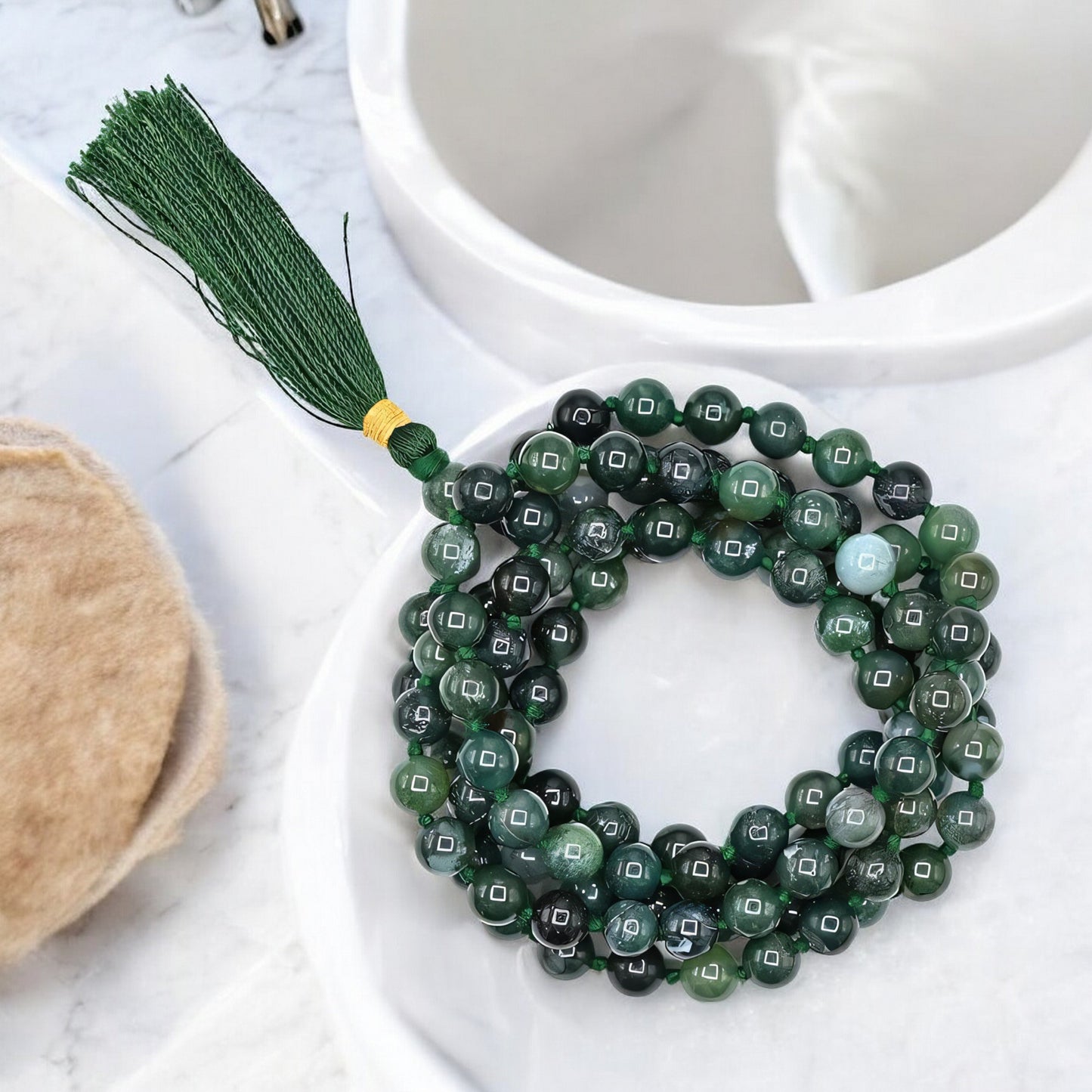 Natural Moss Agate Gemstone 108 Bead Japa Mala Necklace