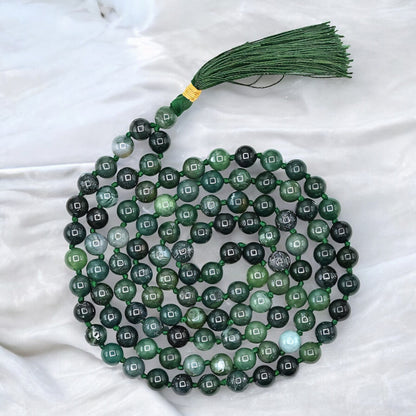 Natural Moss Agate Gemstone 108 Bead Japa Mala Necklace