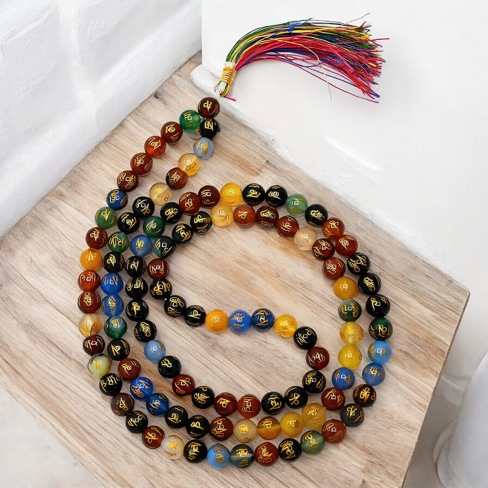 Multi Colour Om Padme Hum Agate Gemstone 108 Bead Jap Mala Necklace
