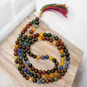 Multi Colour Om Padme Hum Agate Gemstone 108 Bead Jap Mala Necklace