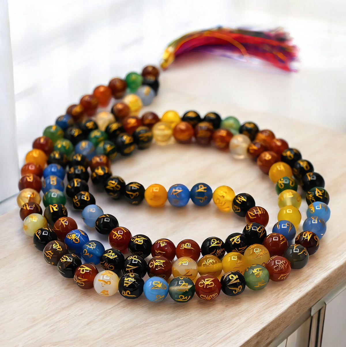 Multi Colour Om Padme Hum Agate Gemstone 108 Bead Jap Mala Necklace
