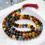 Multi Colour Om Padme Hum Agate Gemstone 108 Bead Jap Mala Necklace