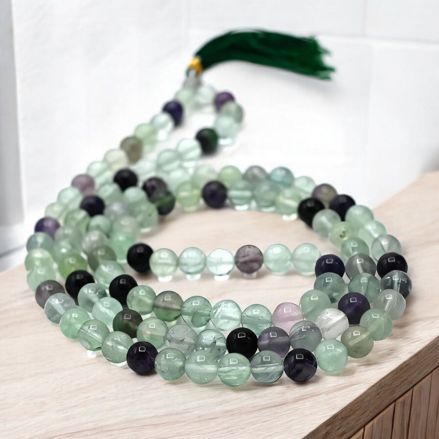 Natural Multi Fluorite Gemstone 108 Bead Japa Mala Necklace