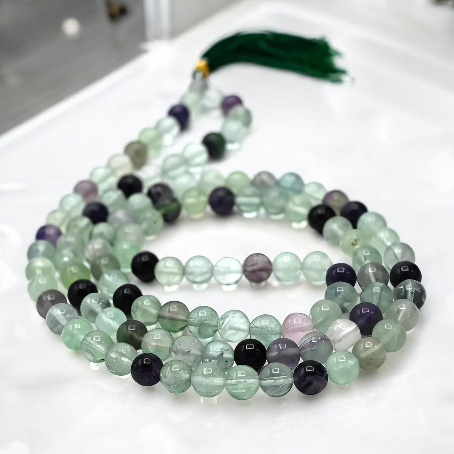 Natural Multi Fluorite Gemstone 108 Bead Japa Mala Necklace