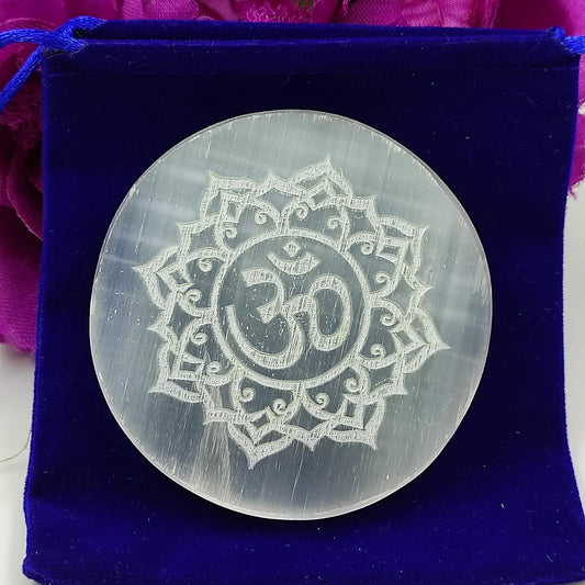 Selenite Charging Plate, Om Engraved Symbol, Crystal Charging Plate