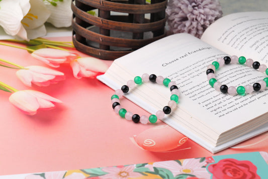 Rose Quartz, Green Aventurine, Black Onyx Beaded Bracelet