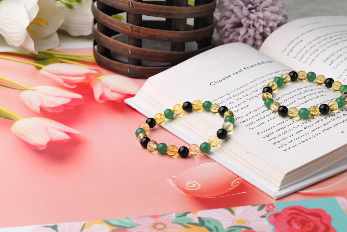 Citrine, Green Aventurine, and Black Onyx Beaded Bracelet for Abundance