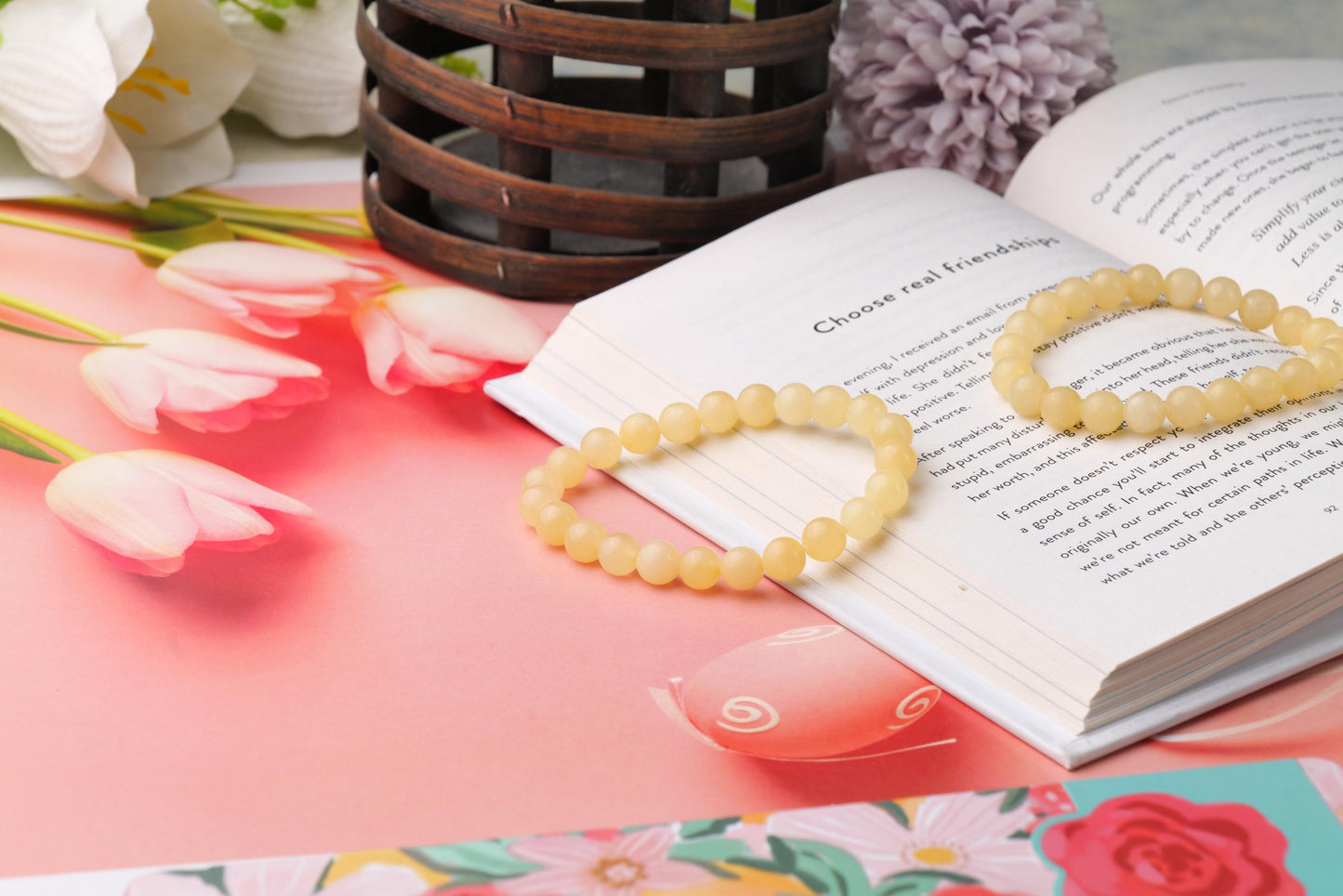 Natural Yellow Jade Beaded Bracelet, Handmade Healing Gemstone Jewelry