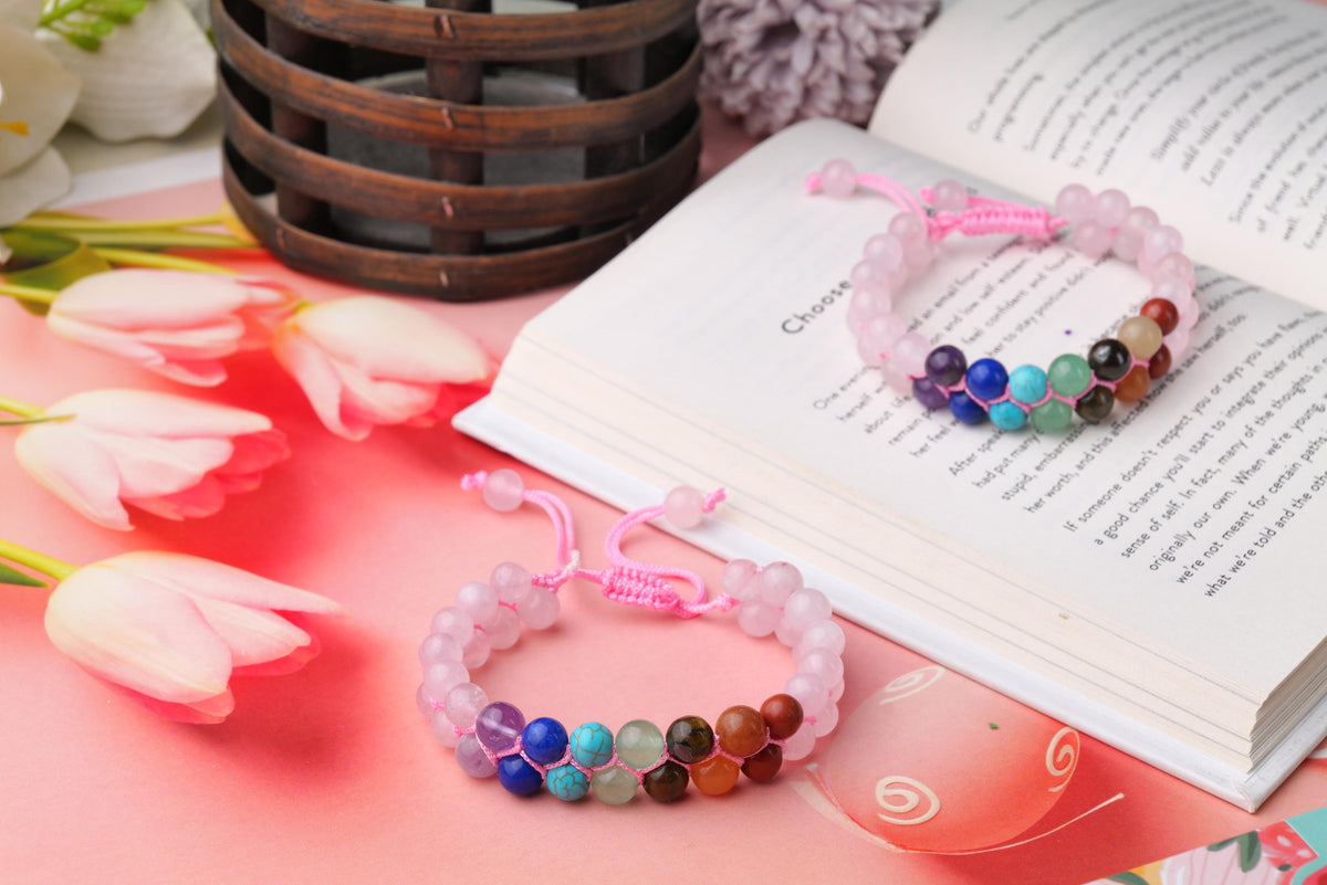 Rose Quartz & Seven Chakra Healing Crystal Stone Bracelet – Love & Balance