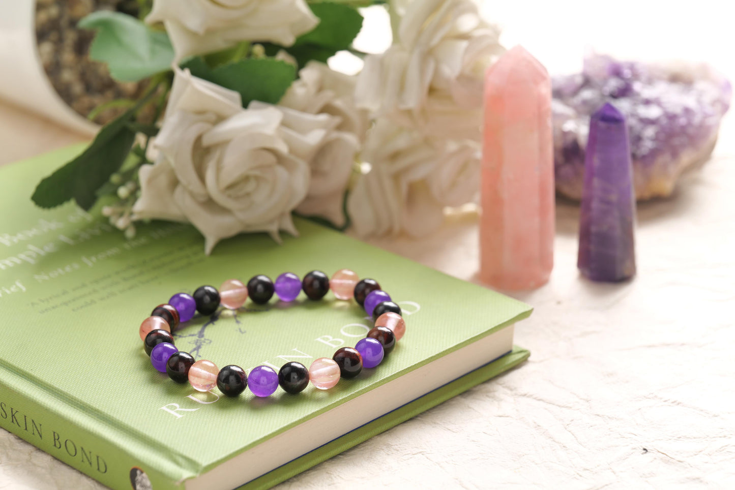 Rose Quartz, Amethyst, and Garnet Beaded Bracelet