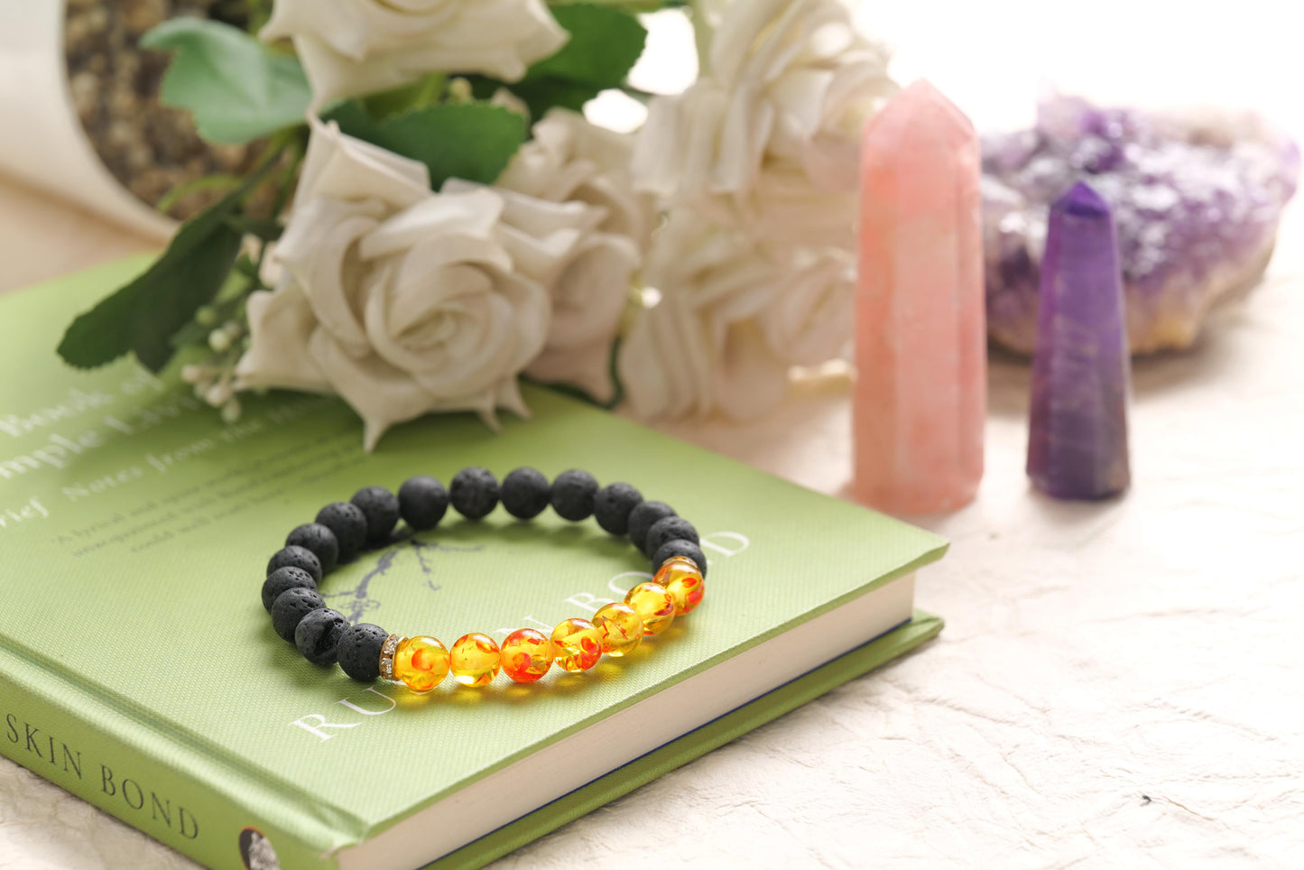 Lava Stone and Amber Beaded Bracelet