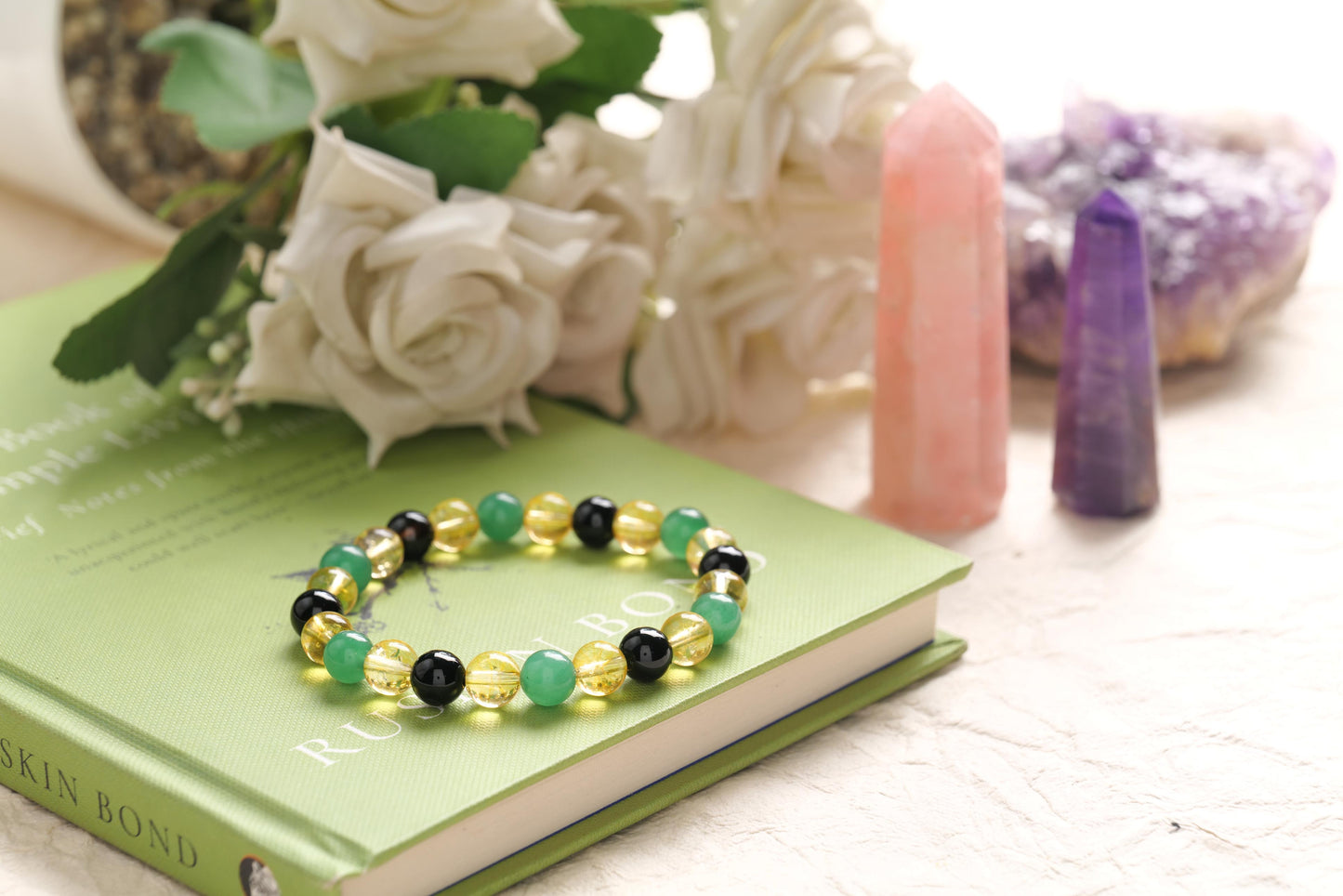 Citrine, Green Aventurine, and Black Onyx Beaded Bracelet for Abundance, Prosperity