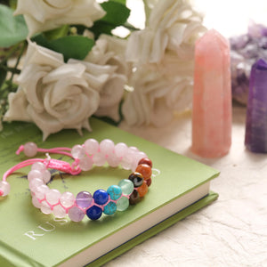Rose Quartz & Seven Chakra Healing Crystal Stone Bracelet – Love & Balance