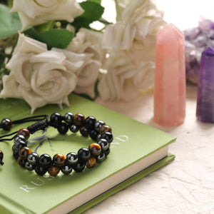 Tiger's Eye, Black Onyx, and Hematite Beaded Bracelet for Protection and Strength