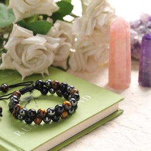 Tiger's Eye, Black Onyx, and Hematite Beaded Bracelet for Protection and Strength