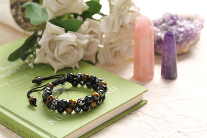 Tiger's Eye, Black Onyx, and Hematite Beaded Bracelet for Protection and Strength