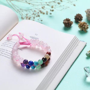 Rose Quartz & Seven Chakra Healing Crystal Stone Bracelet – Love & Balance
