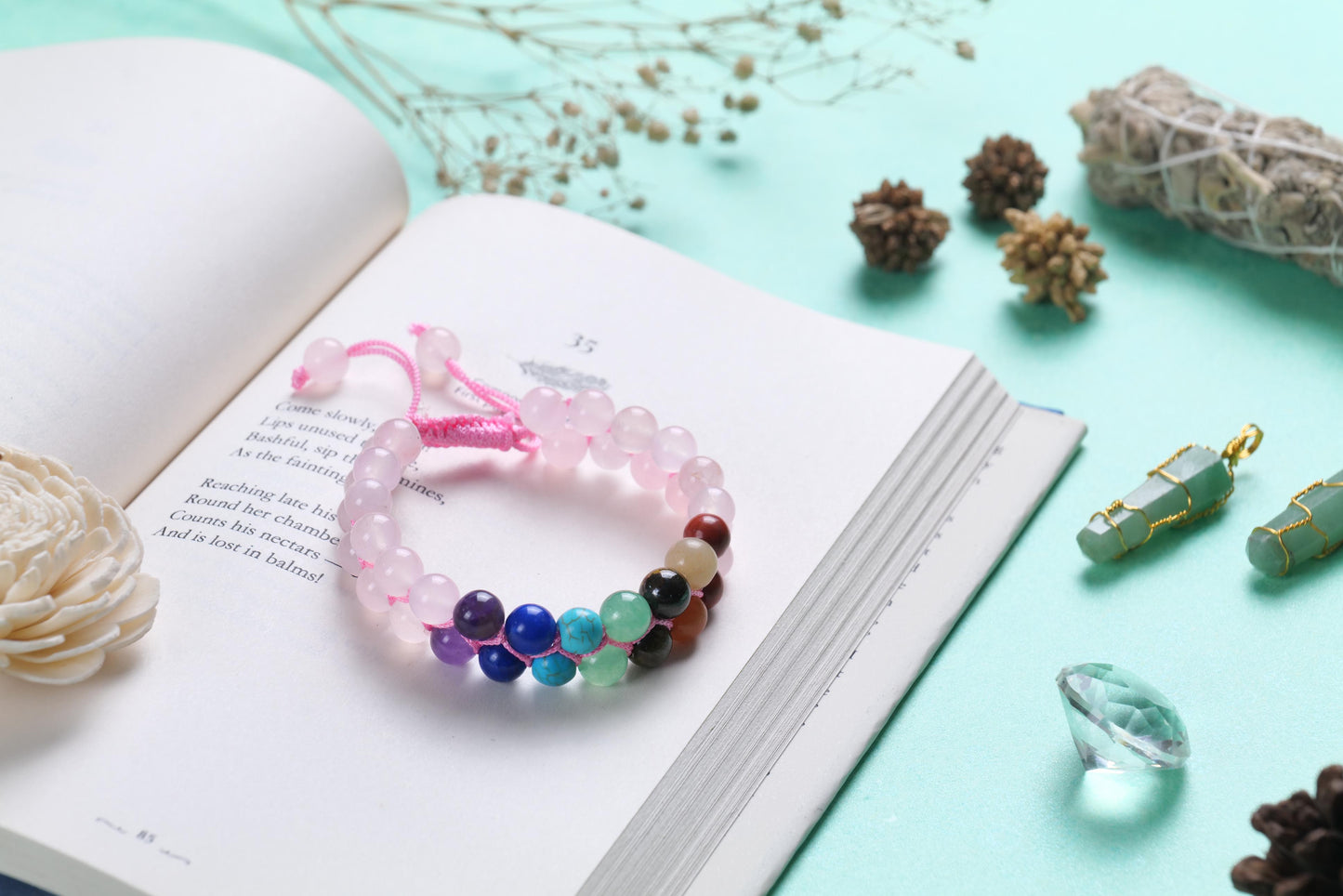 Rose Quartz and Chakra Healing Beaded Bracelet