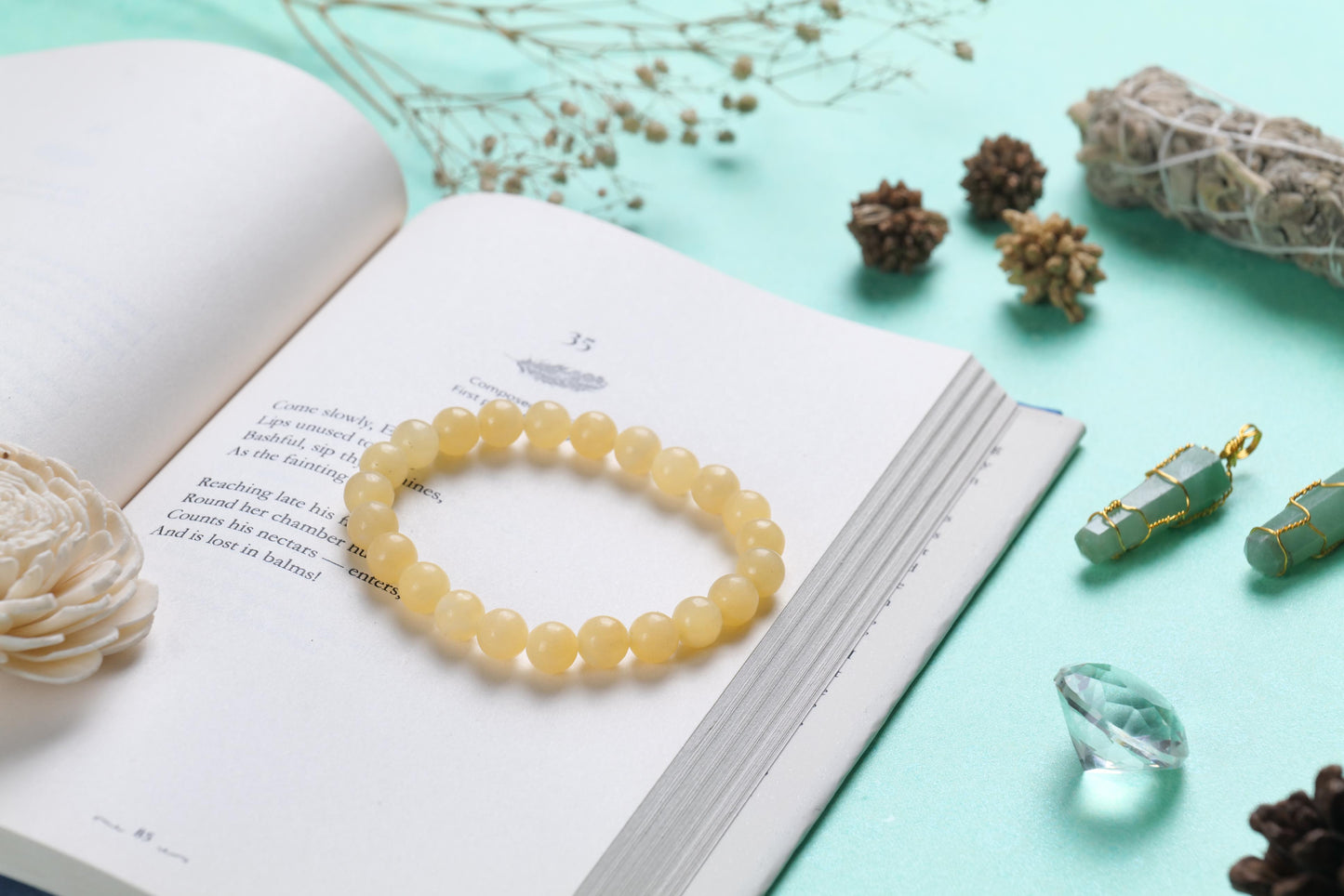 Natural Yellow Jade Beaded Bracelet, Handmade Healing Gemstone Jewelry