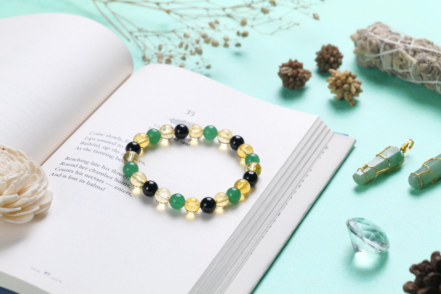 Citrine, Green Aventurine, and Black Onyx Beaded Bracelet for Abundance, Prosperity