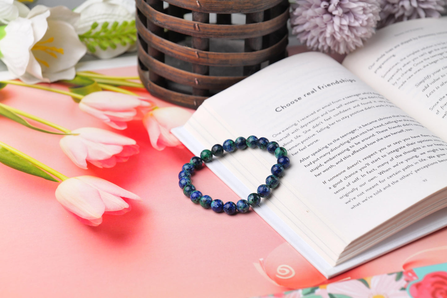 Certified Azurite Malachite Beaded Bracelet for Healing and Balance