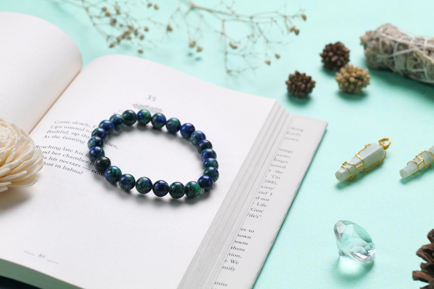 Certified Azurite Malachite Beaded Bracelet for Healing and Balance