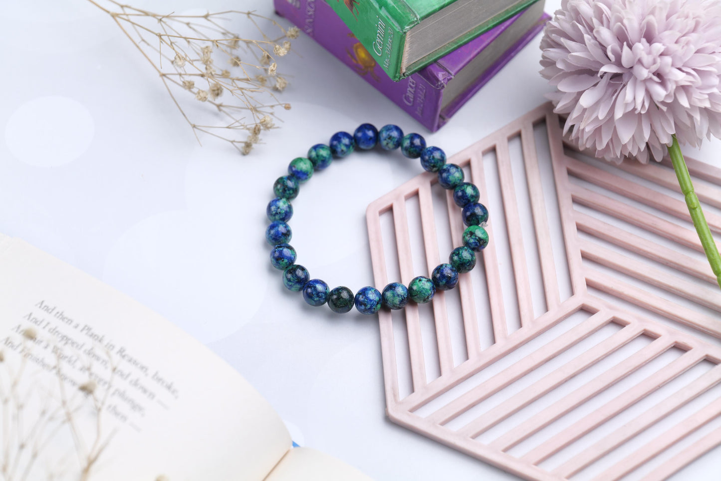 Certified Azurite Malachite Beaded Bracelet for Healing and Balance