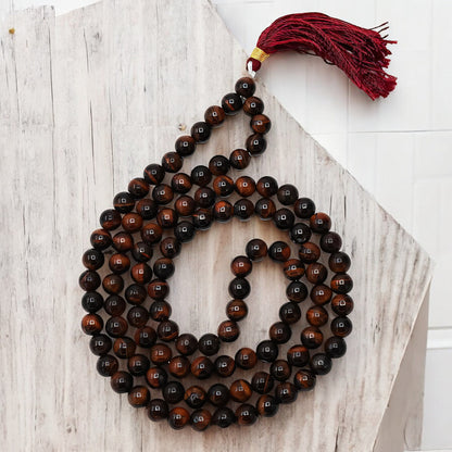 Natural Red Tiger Eye Gemstone 108 Bead Japa Mala Necklace