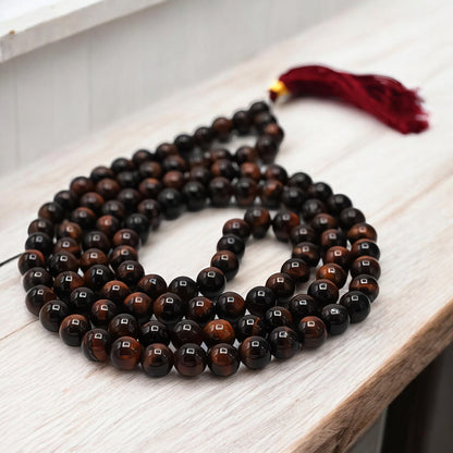 Natural Red Tiger Eye Gemstone 108 Bead Japa Mala Necklace