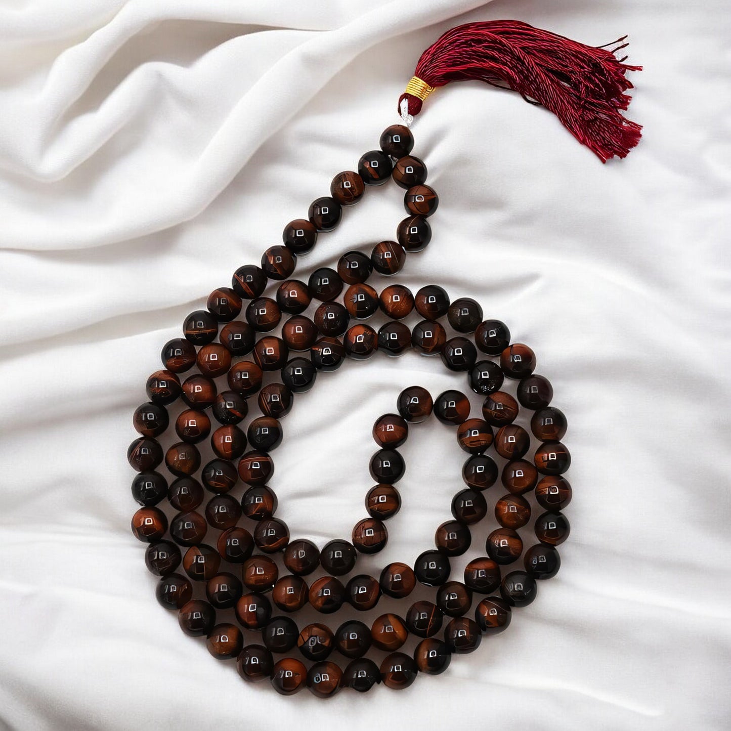 Natural Red Tiger Eye Gemstone 108 Bead Japa Mala Necklace