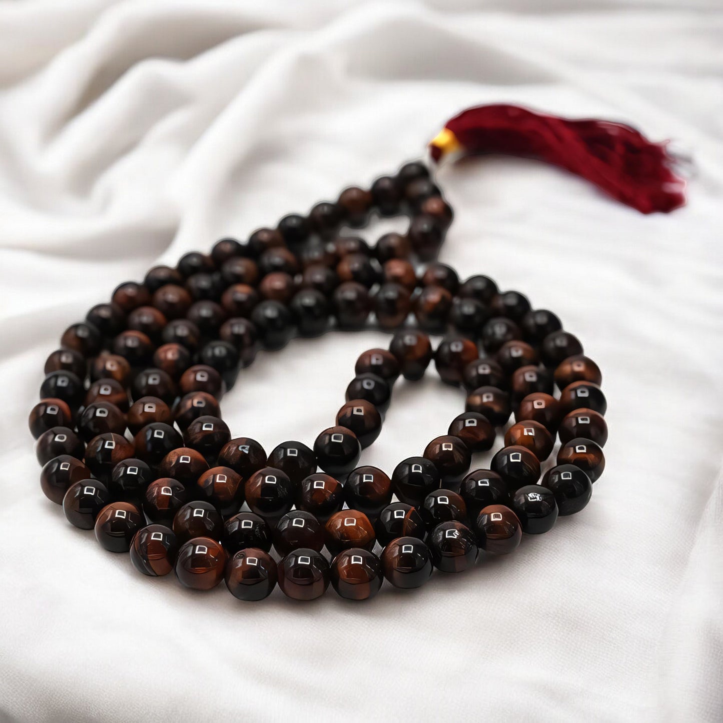 Natural Red Tiger Eye Gemstone 108 Bead Japa Mala Necklace