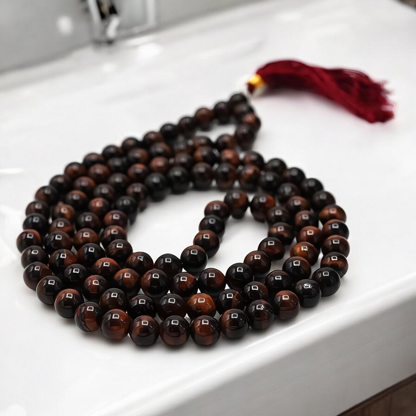 Natural Red Tiger Eye Gemstone 108 Bead Japa Mala Necklace