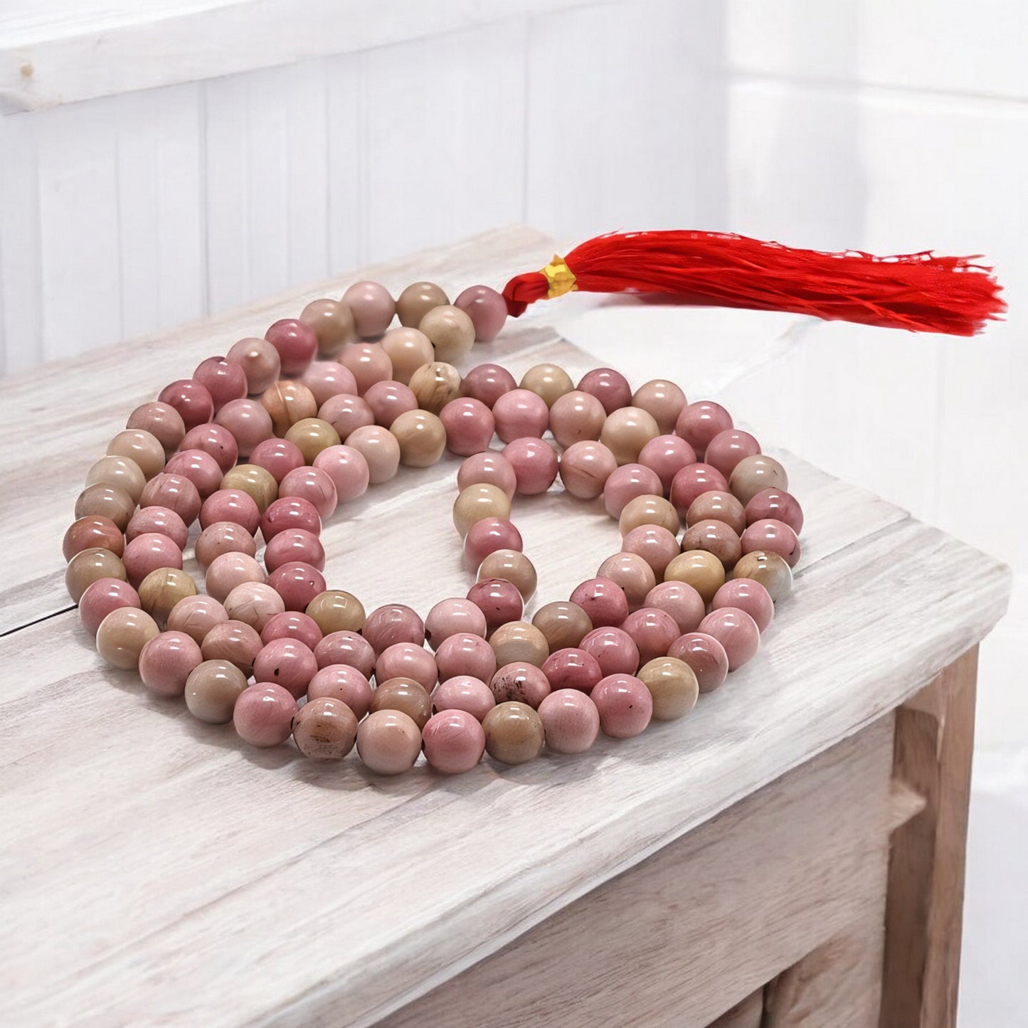 Natural Rhodonite Gemstone 108 Bead Japa Mala Necklace