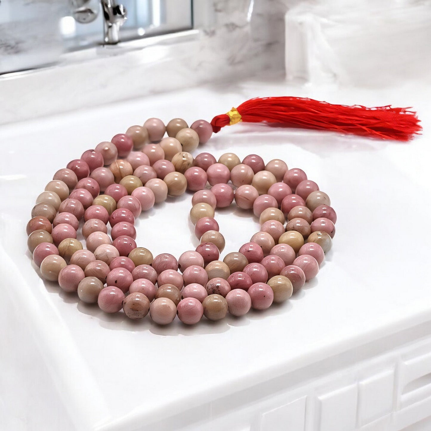 Natural Rhodonite Gemstone 108 Bead Japa Mala Necklace