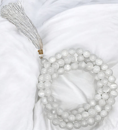 Natural Selenite Gemstone 108 Bead Japa Mala Necklace