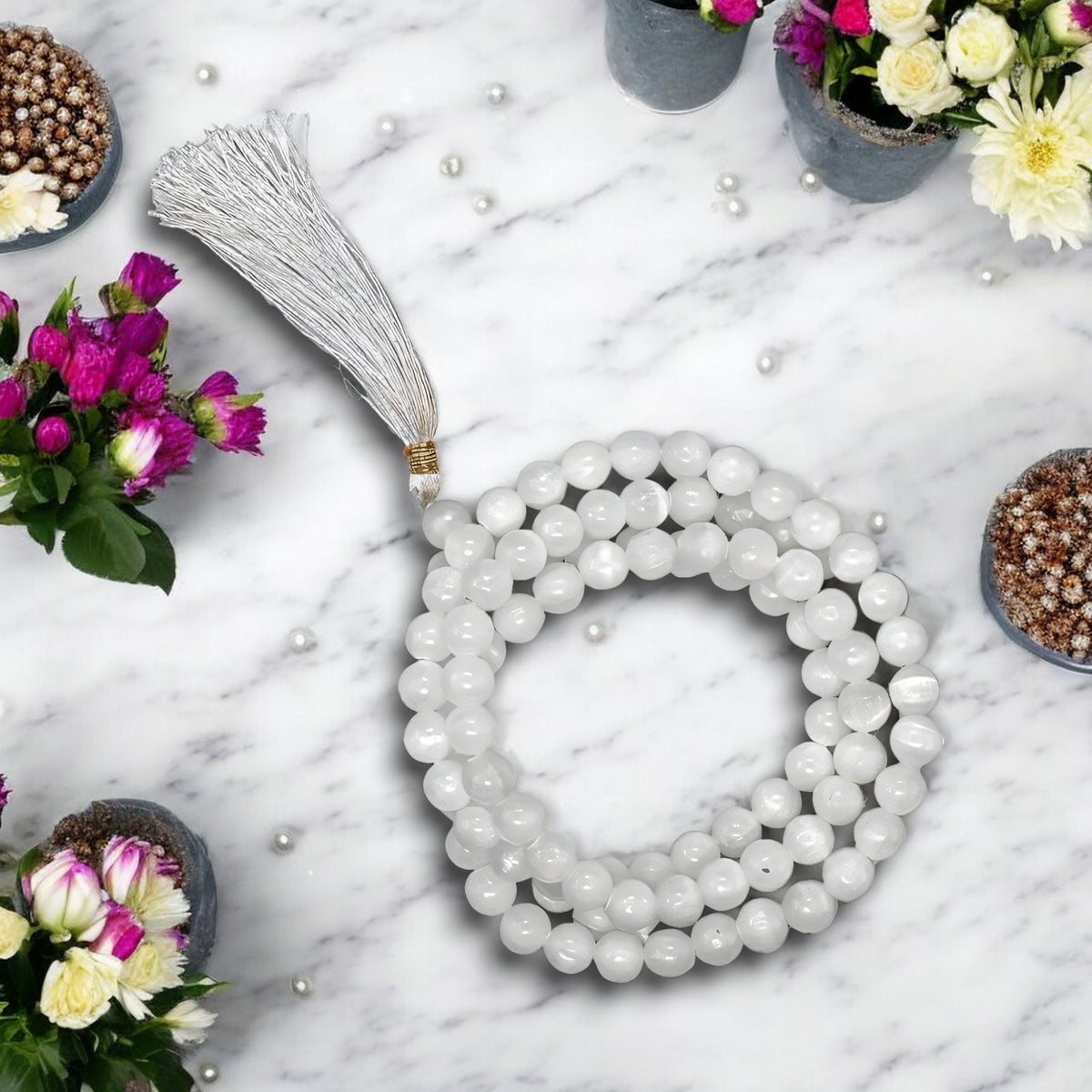 Natural Selenite Jap Mala Necklace
