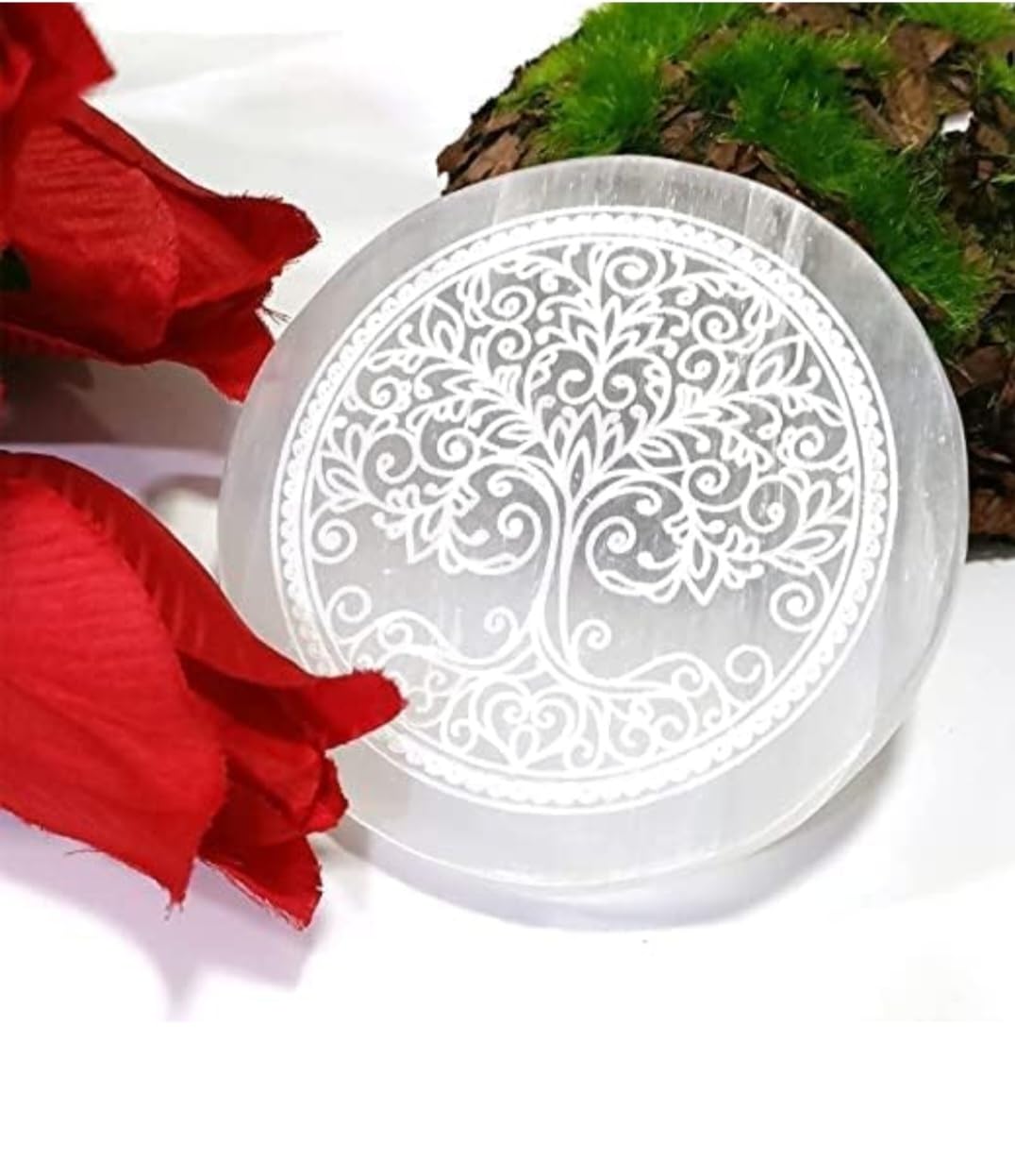 Selenite Charge Plate, Crystal Charging Plate With Tree of Life Engraved